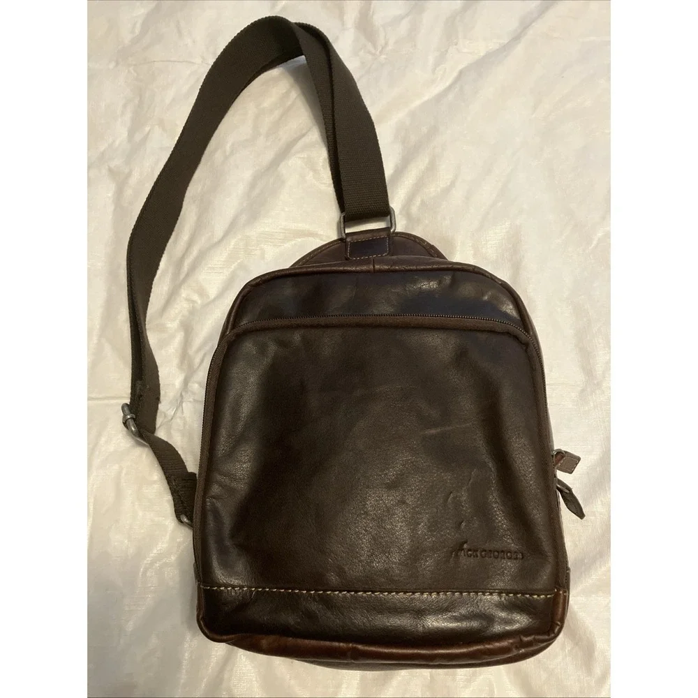 Jack Georges Brown Leather Backpack Zip Closure Adjustable Strap Lined Pockets